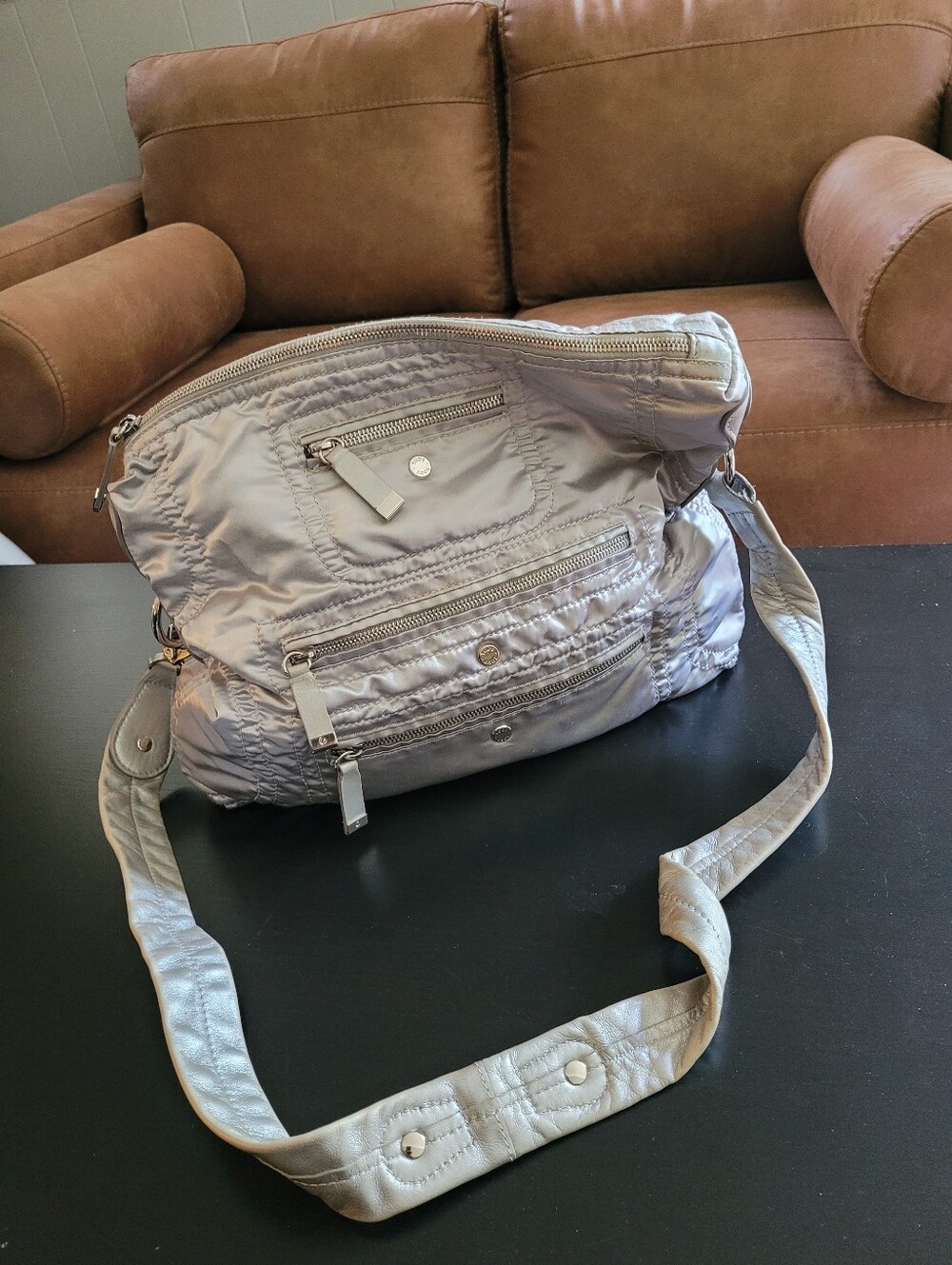 Tods Silver Metallic Nylon Crossbody Shoulder Bag